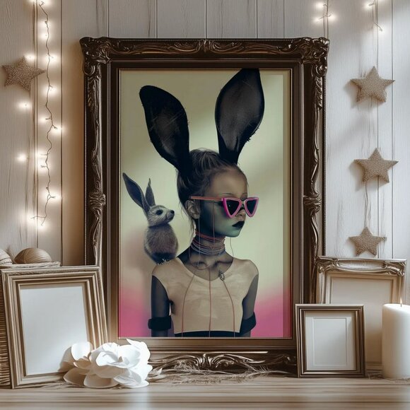 Original Goth Pink Bunny Art Print + Digital Copy, Girl With Bunny Ears - Picture 7 of 8